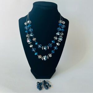 Trifari Black Blue Silver Double Layer Beaded Necklace and Drop Earrings Set